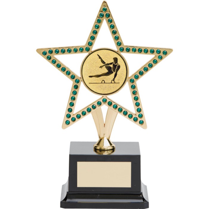 10'' GOLD METAL STAR GYMNASTICS TROPHY WITH GREEN GEMSTONES - CHOICE OF CENTRE 10'' GOLD METAL STAR GYMNASTICS TROPHY WITH GREEN GEMSTONES - CHOICE OF CENTRE